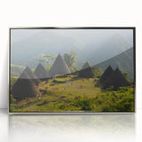 Mid-century modernist art depicting a serene Indonesian landscape in muted earth tones, framed in silver acrylic.