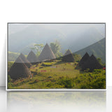 Acrylic print of a serene Indonesian landscape in soft pastel shades, framed in white, ideal for modern art wall decor.