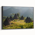 Black and white framed canvas of an Indonesian landscape, ideal for bedroom wall decor.