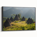 Black and white framed canvas of an Indonesian landscape, ideal for bedroom wall decor.