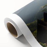 Art Deco style poster of an Indonesian landscape in muted green and brown tones on rolled canvas.