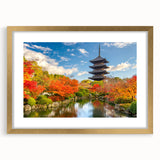 Extra large framed abstract art print of a Japanese Kyoto scenery in muted gold and green tones, ideal for living room decor.