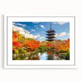 Abstract art print depicting a serene Kyoto landscape in muted earth tones, framed with a white mat.