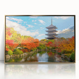 Large acrylic print of a serene Kyoto landscape in soft gold and green tones, framed in a mid-century modernist style.