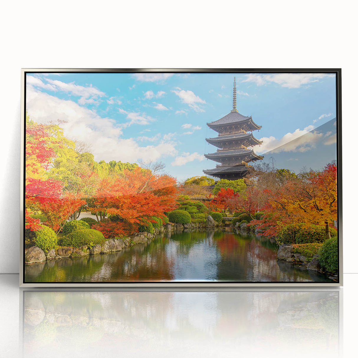 Mid-century modernist art depicting a serene Kyoto landscape in muted earth tones, framed acrylic.
