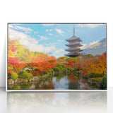 Acrylic print of a serene Kyoto landscape in soft pastel shades, framed in white, ideal for nursery wall art.