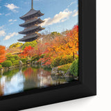 Extra large framed canvas of a vibrant Kyoto scenery in black with colorful, textured details, ideal for living room decor.