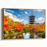 Framed canvas wall art featuring a vintage-style Japanese landscape in black and gold, ideal for bedroom decor.