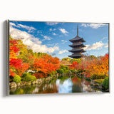 Framed canvas landscape art painting depicting a vintage-style Japanese scene in colorful tones, ideal for living room decor.