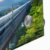 Acrylic print of Mount Fuji in muted blue tones, ideal for dining room art in a mid-century modernist style.