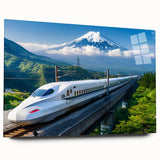 Acrylic print of Mount Fuji in muted blue and white tones, ideal for bedroom or dining room decor.