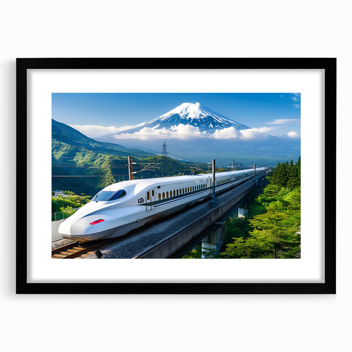 Extra large abstract art print of Mount Fuji in vibrant colors on a textured canvas, framed in black.