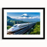 Extra large abstract art print of Mount Fuji in vibrant colors on a textured canvas, framed in black.