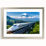 Textured art depicting abstract Mount Fuji in muted blue and white tones on a framed silver mat, ideal for bedroom art.