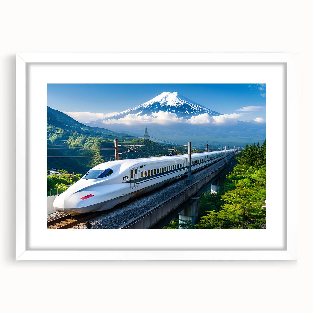 Abstract art print of Mount Fuji in muted blue and white tones on a framed poster, ideal for dining room decor.