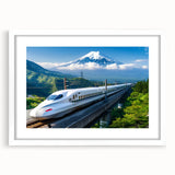 Abstract art print of Mount Fuji in muted blue and white tones on a framed poster, ideal for dining room decor.