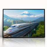 Large abstract wall art depicting Mount Fuji with vibrant blue and white tones, framed in black acrylic.