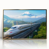 Framed acrylic print of Mount Fuji in muted colors, styled in mid-century modernist, ideal for modern art wall decor.