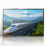 Mid-century modernist art of Mount Fuji in pastel shades on a silver-framed acrylic print, suitable for nursery wall art.