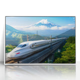 Framed acrylic print of Mount Fuji with soft pastel colors, in an art deco style, suitable for modern art wall decor.