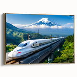 Framed canvas of Mount Fuji with vintage poster art style in black and gold tones, ideal for bedroom wall art.