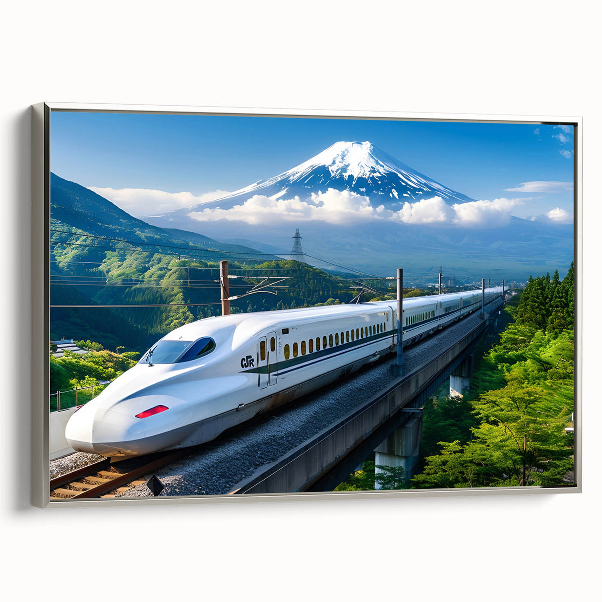 Framed canvas depicting a vintage-style landscape of Mount Fuji with colorful art in a black, silver-framed side view.