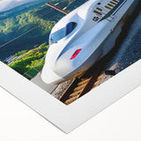 Art deco poster of Mount Fuji in pastel shades on rolled canvas, suitable for dining room wall art.