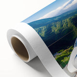 Art Deco poster of Mount Fuji with pastel blues and pinks on rolled canvas, ideal for nursery wall art.