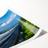 Extra large wall art featuring Mount Fuji with line art flowers in soft pastel shades on a rolled canvas.