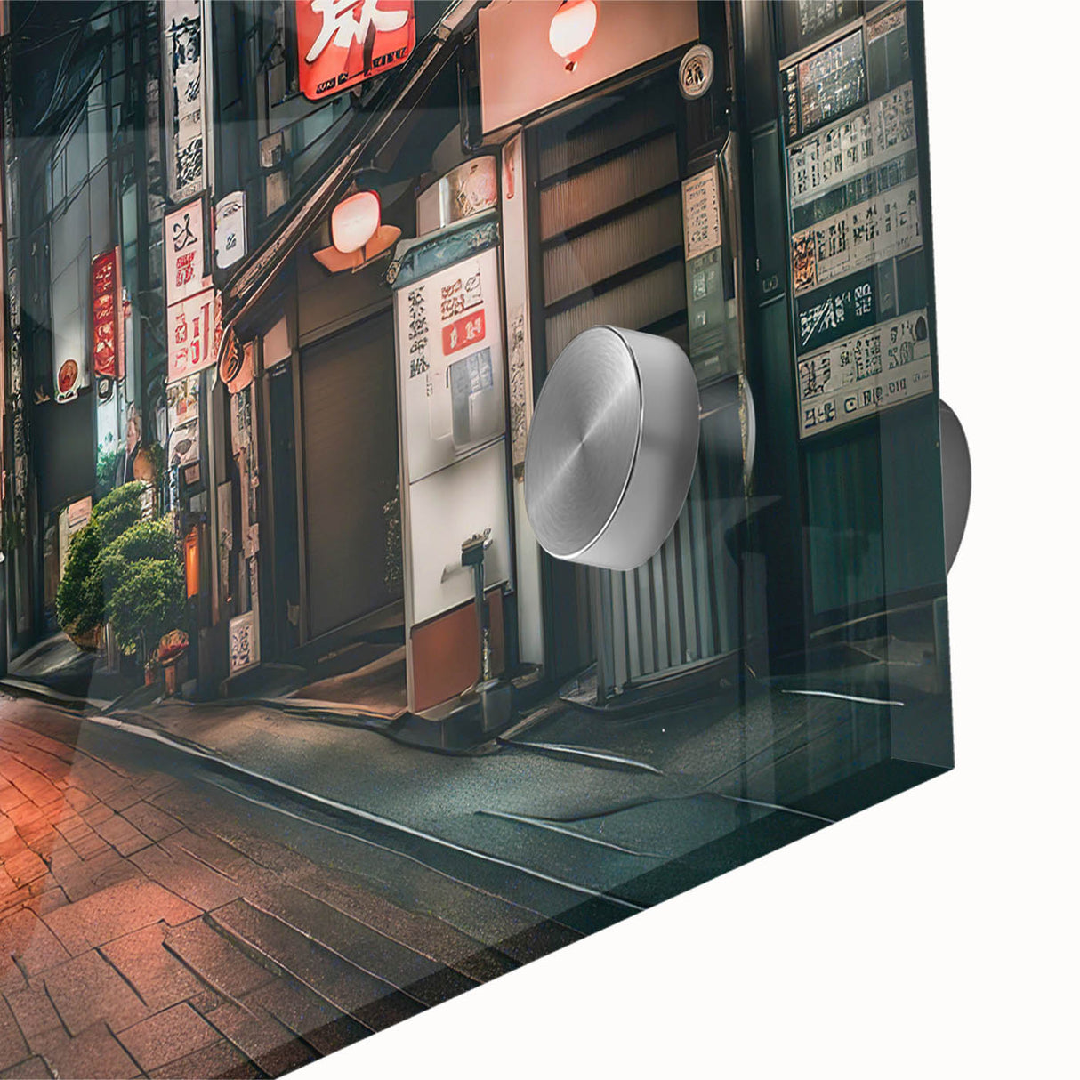 Large abstract depiction of Tokyo skyline in muted gray and blue on acrylic glass, perfect for dining room art.