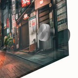 Large abstract depiction of Tokyo skyline in muted gray and blue on acrylic glass, perfect for dining room art.