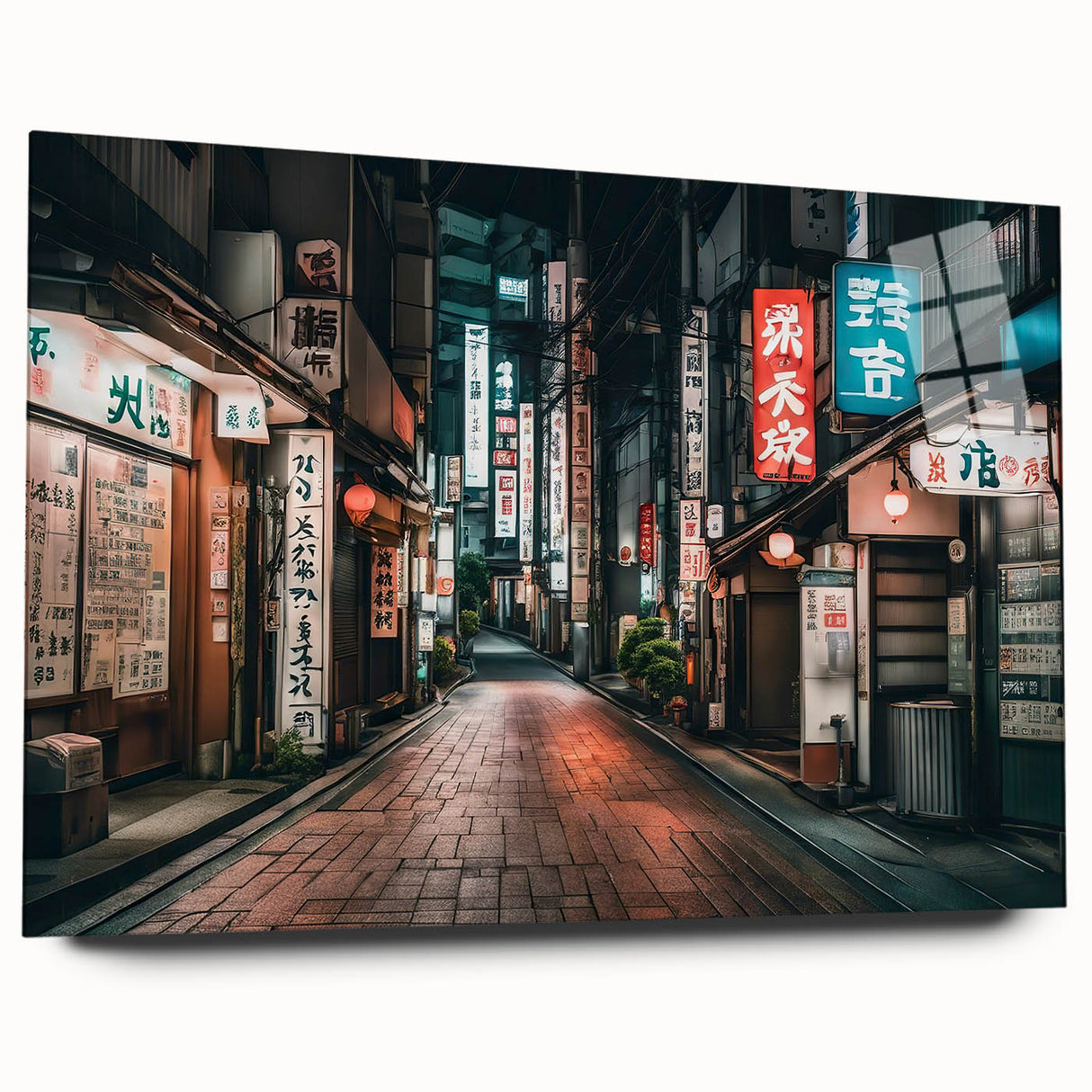 Large abstract depiction of Tokyo skyline in muted gray and blue tones on acrylic glass.