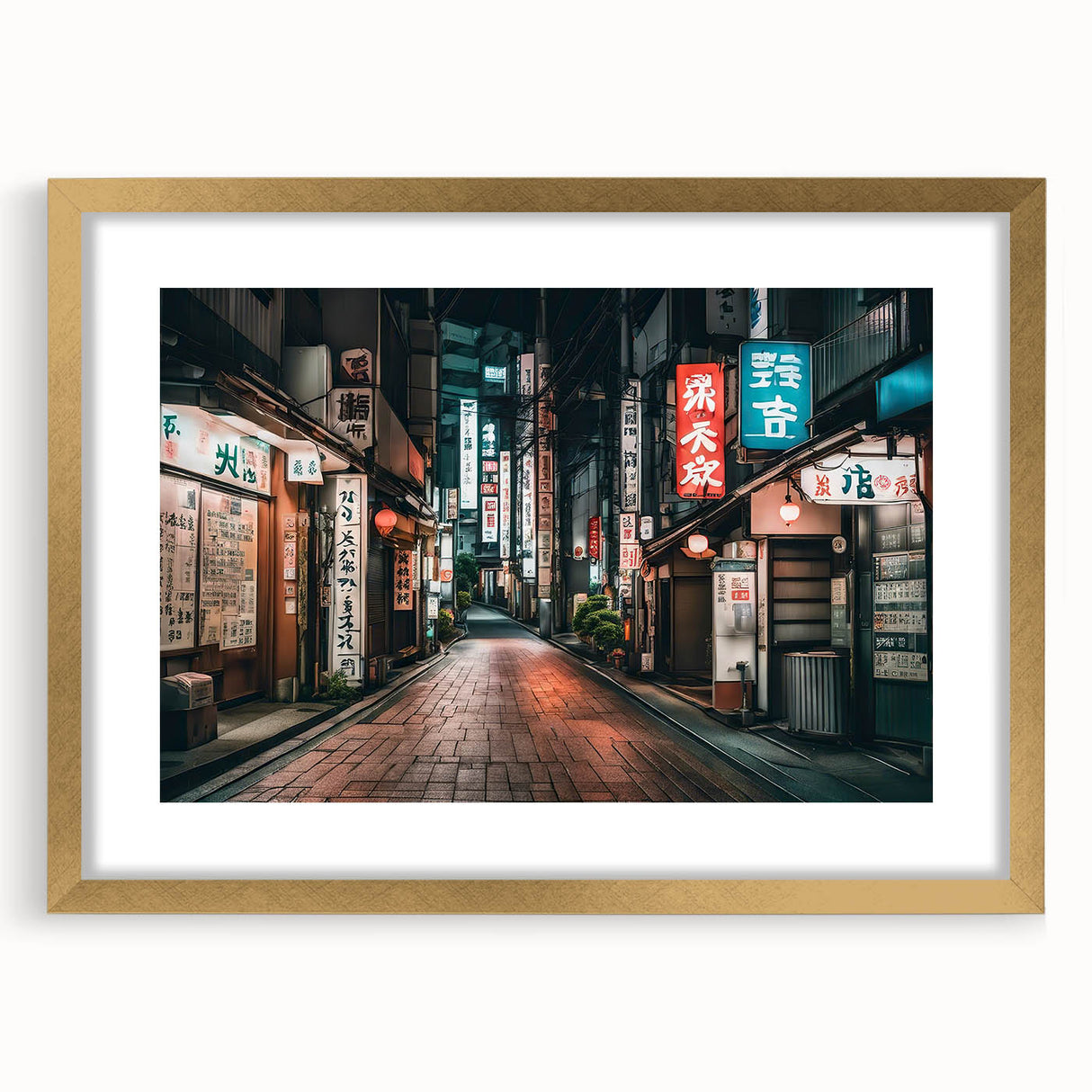 Extra large abstract art print of Tokyo skyline in textured gold frame, ideal for living room decor.