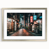 Textured art depicting abstract Tokyo scenery in muted gray and silver tones on a framed print, suitable for bedroom decor.