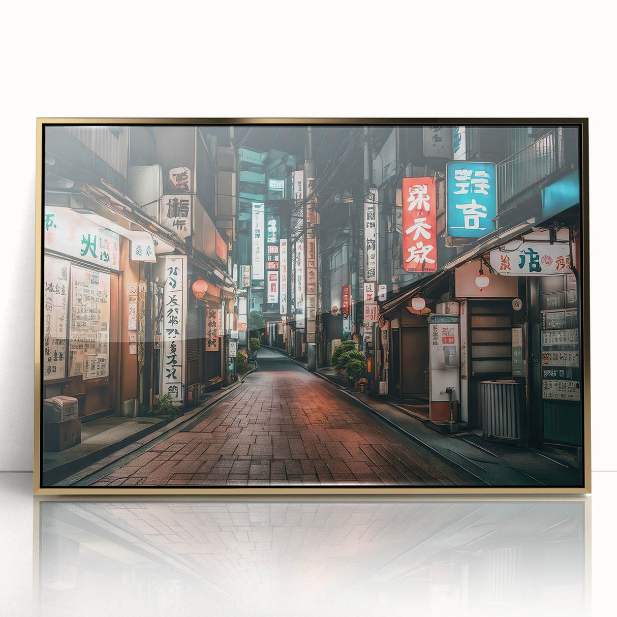 Framed acrylic print of Tokyo skyline in muted gold and black tones, ideal for modern art wall decor.