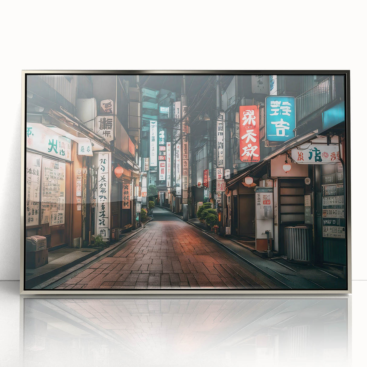 Mid-century modernist art depicting Tokyo skyline in muted silver and gray tones on acrylic, ideal for modern art wall decor.
