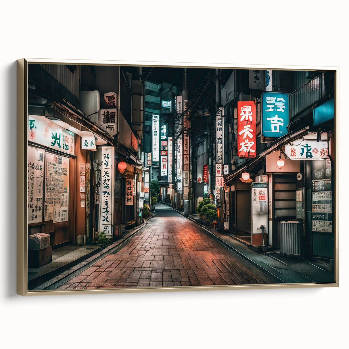 Framed canvas of Tokyo landscape in vintage poster style with black and gold tones, ideal for bedroom wall art.