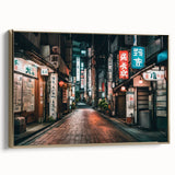 Framed canvas of Tokyo landscape in vintage poster style with black and gold tones, ideal for bedroom wall art.