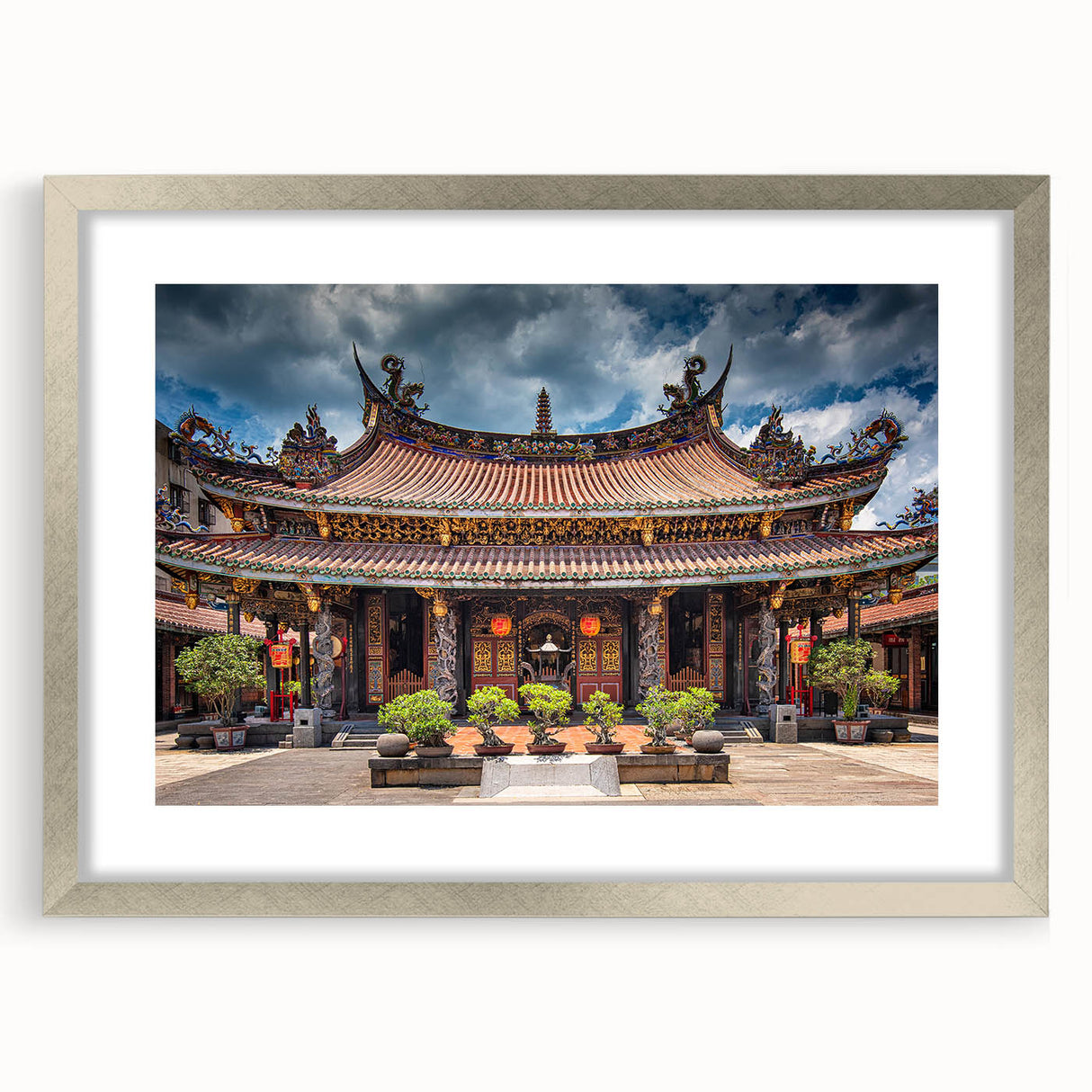 Textured abstract art print of a Japanese scenery in muted earth tones on a framed canvas, suitable for bedroom decor.