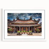 Abstract art print of a Japanese landscape in muted earth tones on a framed white canvas, suitable for dining room decor.