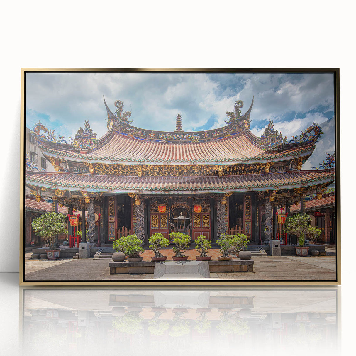 Large art print of a minimalist Japanese landscape in muted gold and white tones on acrylic.