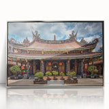 Mid-century modernist art of a serene Japanese landscape in muted earth tones on a framed acrylic panel.