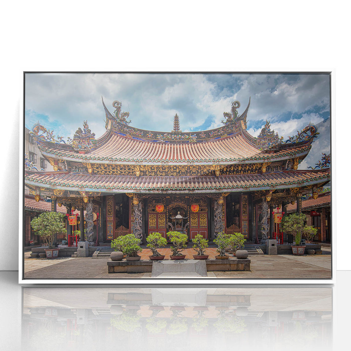 Art deco poster featuring a serene Japanese landscape in muted green and blue tones on a framed acrylic.