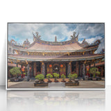 Art deco poster featuring a serene Japanese landscape in muted green and blue tones on a framed acrylic.