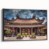 Black and white wall art featuring a vintage landscape painting of a Japanese scene on a framed canvas.