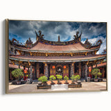 Framed canvas featuring a vintage Japanese landscape painting in black and gold tones, ideal for bedroom wall decor.