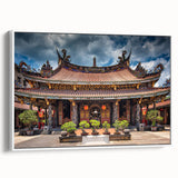 Vintage poster art of a Japanese landscape in colorful hues on a large framed canvas, ideal for living room decor.