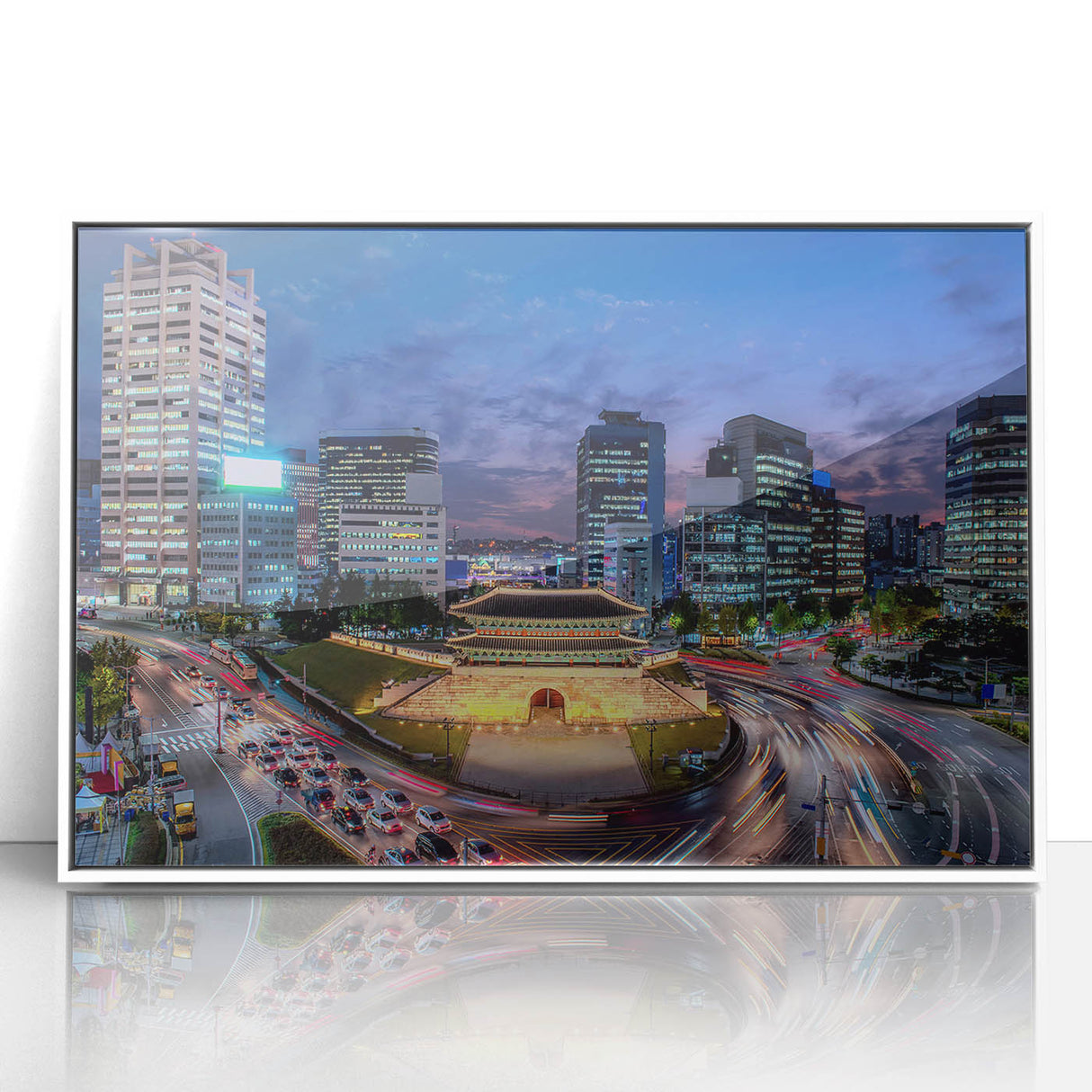 Acrylic print of Seoul skyline in muted gray and blue tones, framed in white, suitable for modern art wall decor.