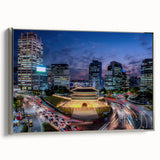 Framed canvas featuring a vintage-style landscape painting of Seoul with colorful and black elements.