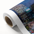 Art deco poster of Seoul skyline in pastel shades on rolled canvas, ideal for nursery wall art.